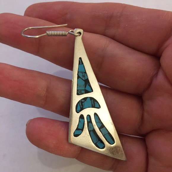 Inlay turquoise sterling silver earrings - Picture 5 of 6